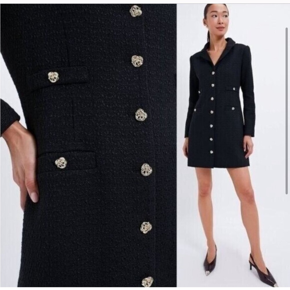 Pomander Place NEW Black Noir Tweed Retro Stacie Long Sleeve Mini Dress Size M